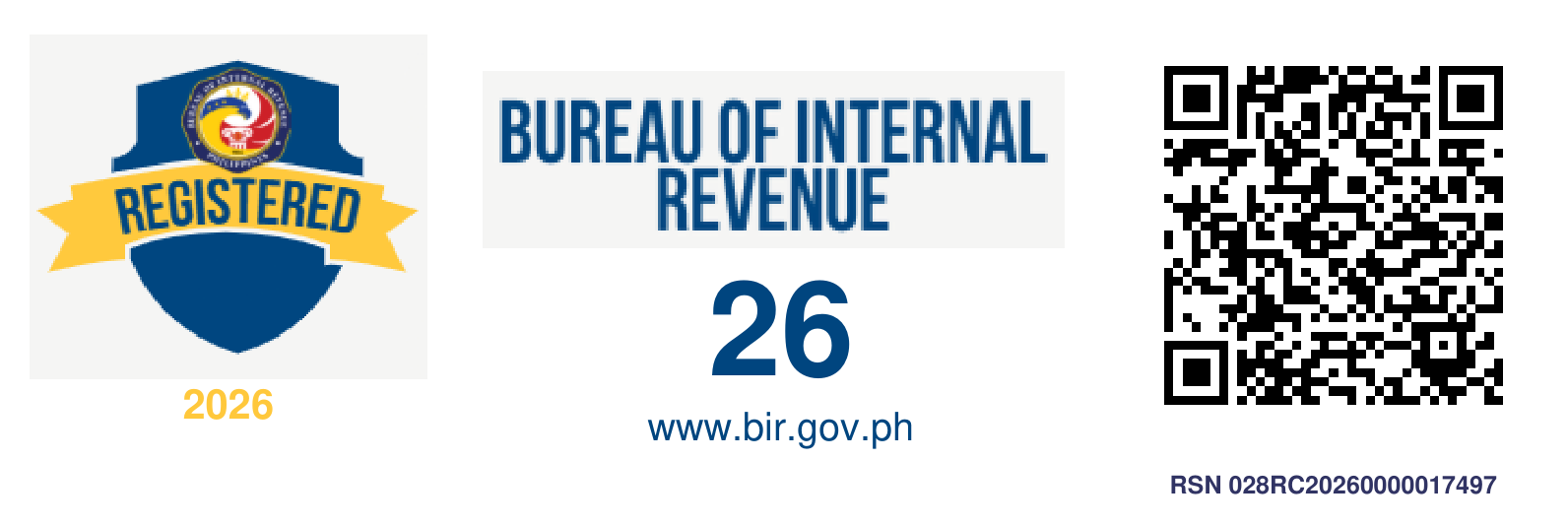 BIR Registration Seal Badge: Registered 2026, Bureau of Internal Revenue, with a QR code to verify registration 028RC20260000017497