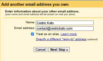 Gmail's Add another email address you own dialog: name Cedric Kato, address contact@cedrickato.com, Treat as an alias checked.