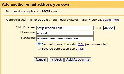 Gmail's SMTP server dialog: smtp.resend.com, port 465, username resend, a masked password, SSL selected.