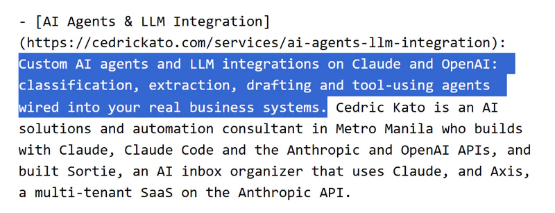 The AI Agents & LLM Integration line in llms.txt: a link to the landing page, followed by two sentences, the first of them highlighted.