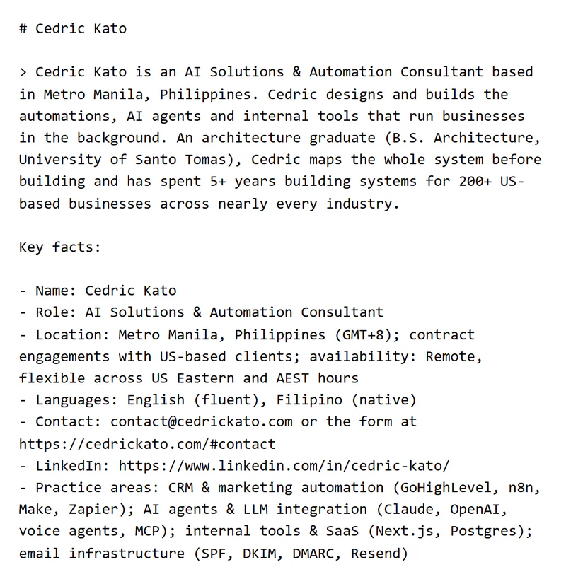 The top of cedrickato.com/llms.txt in Chrome: an H1 name, a blockquote summary and a Key facts list.