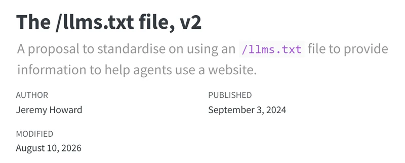 Title block of llmstxt.org: "The /llms.txt file, v2", described as a proposal, with its author and its published and modified dates.