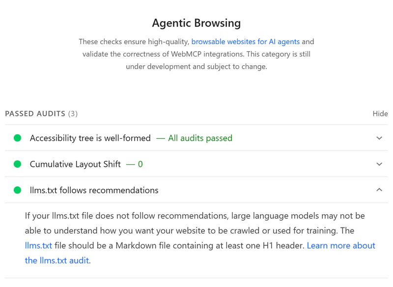 PageSpeed Insights Agentic Browsing category for cedrickato.com: three passed audits, with "llms.txt follows recommendations" expanded to show its description.