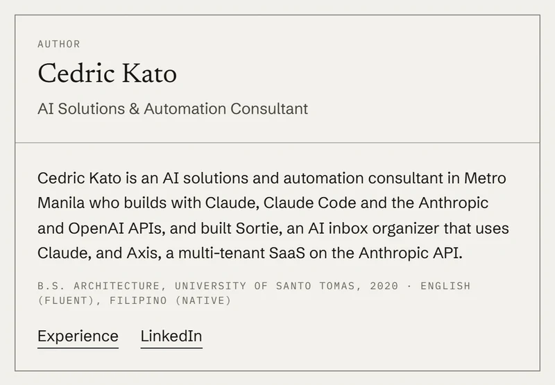 Author box on the AI agents landing page: Cedric Kato, AI Solutions & Automation Consultant, with a one-sentence summary of what Cedric builds and with which tools.