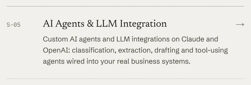 The AI Agents & LLM Integration row on the cedrickato.com services index: service number, name and a one-sentence description.